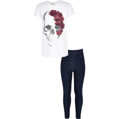 Girls white skull print and leggings set